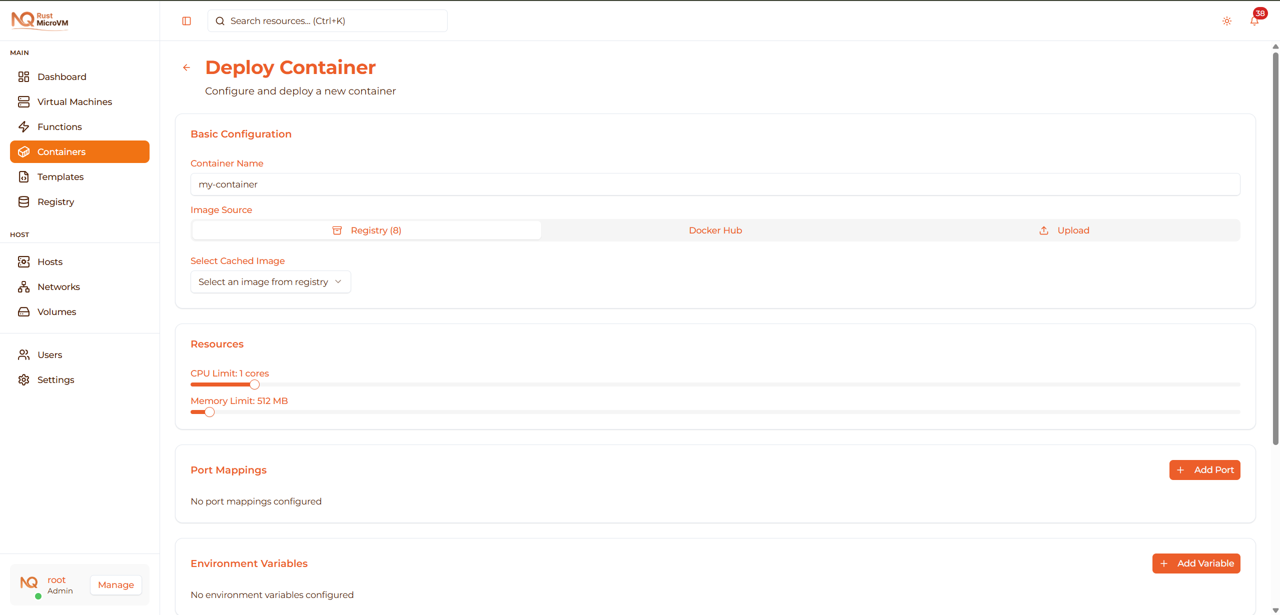 Image: Container deployment form overview