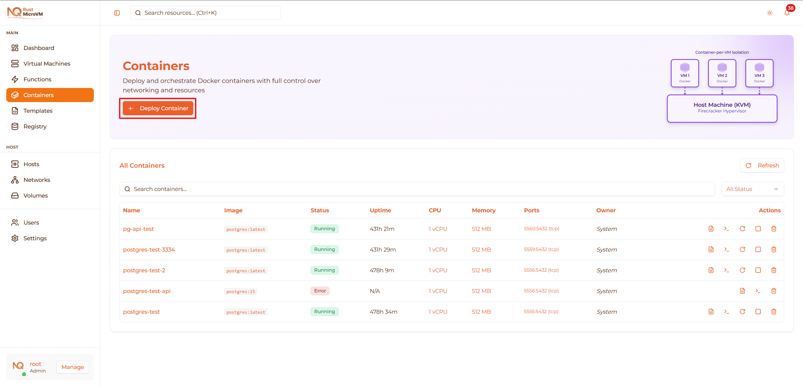 Image: Containers page with Deploy button