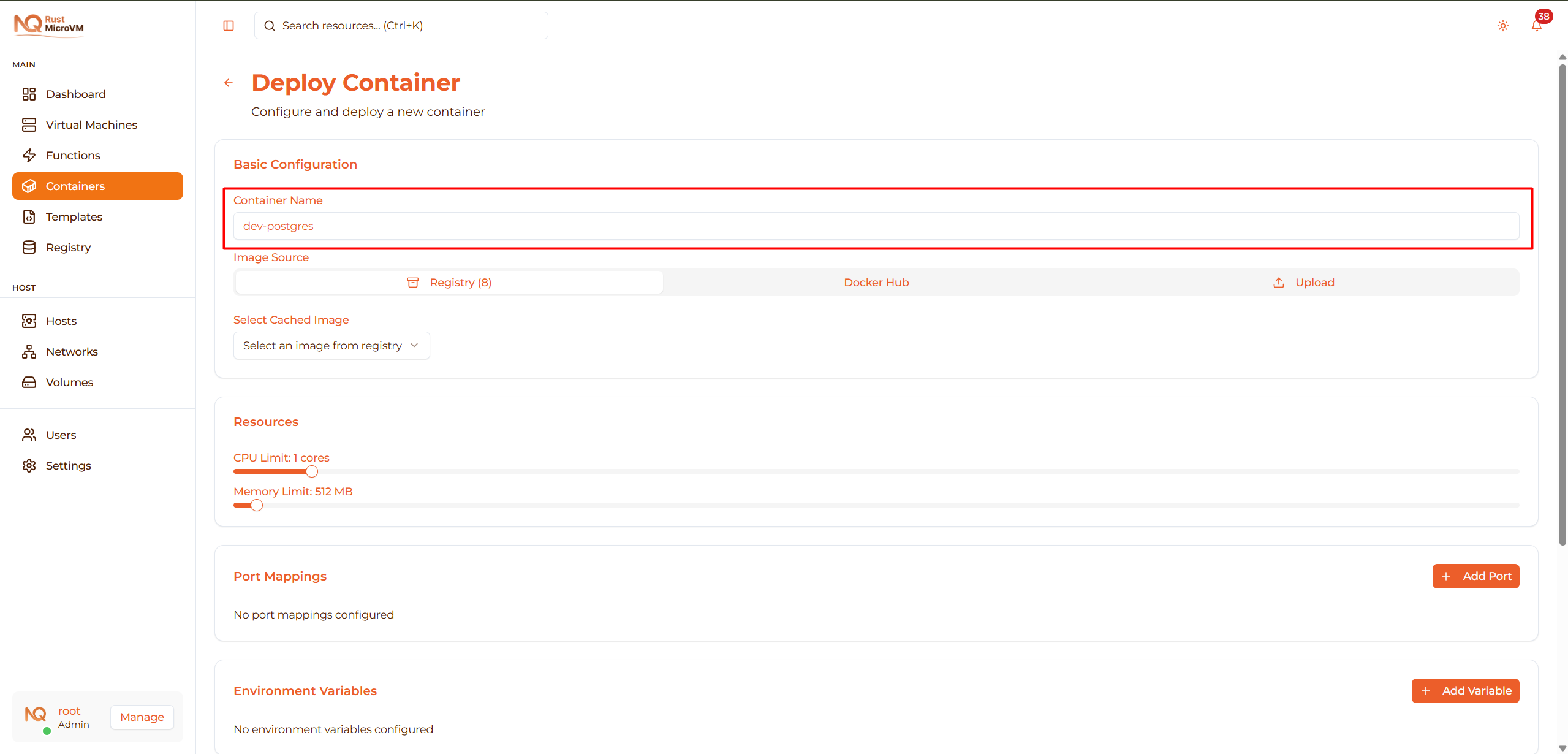 Image: Container name input