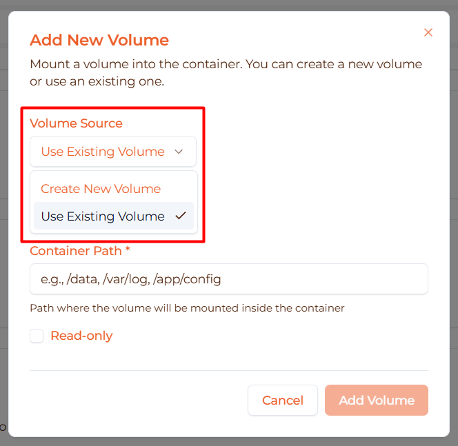 Image: Existing volume selector