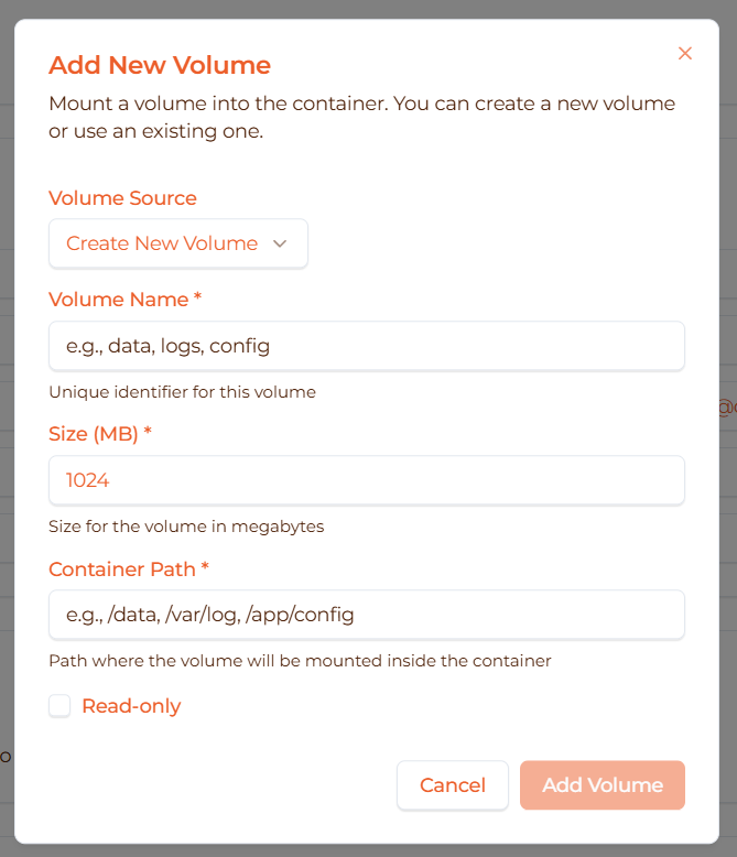 Image: Volume creation dialog