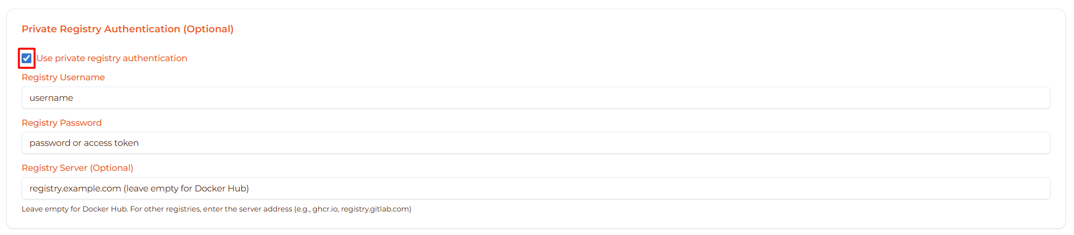 Image: Enable private registry checkbox
