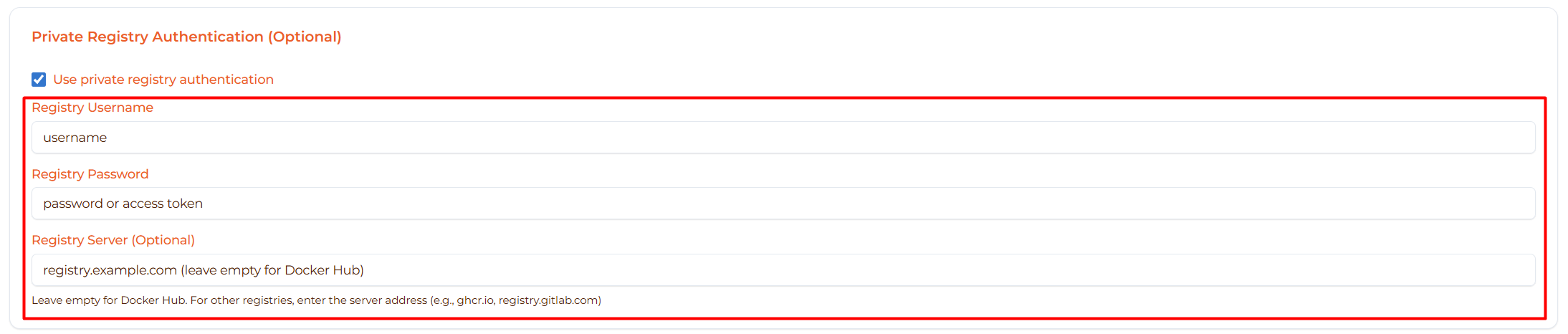 Image: Registry authentication fields