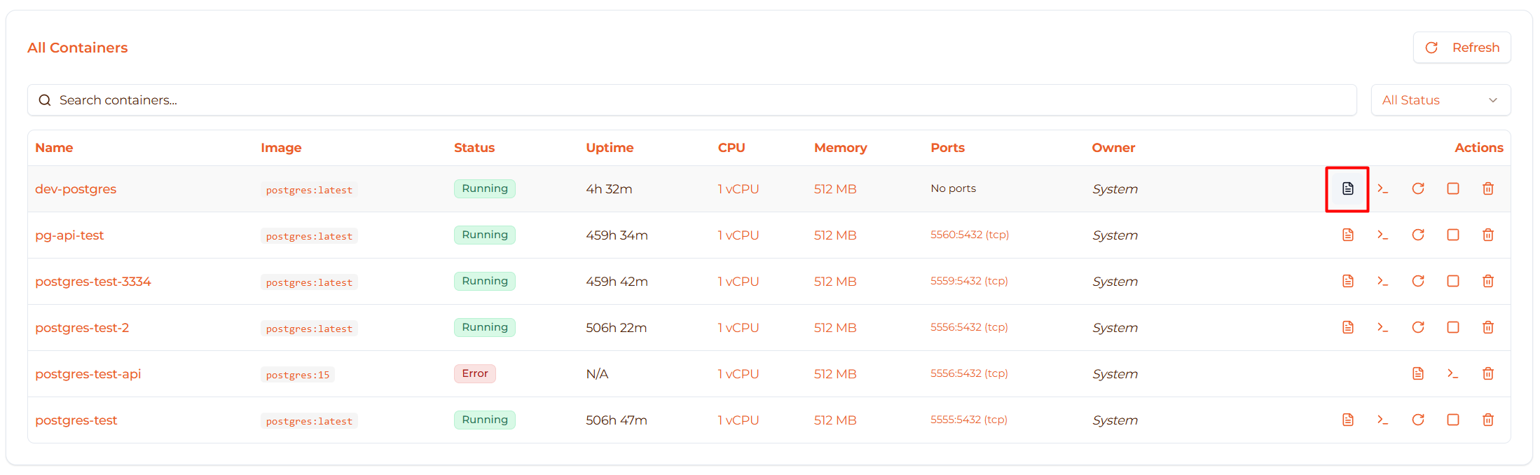 Image: Logs button in table
