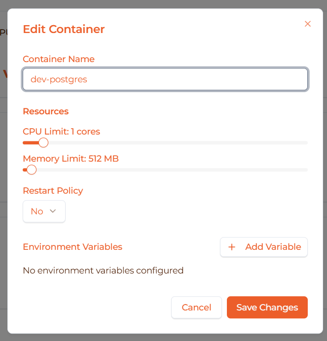 Image: Edit container dialog
