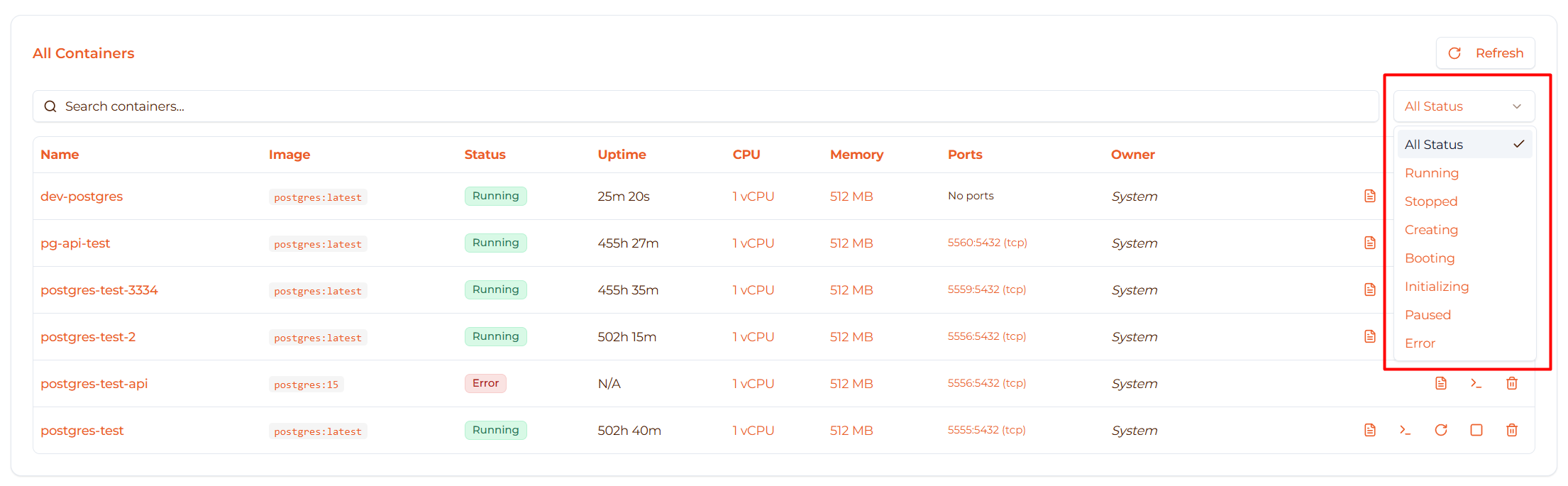 Image: Status filter dropdown