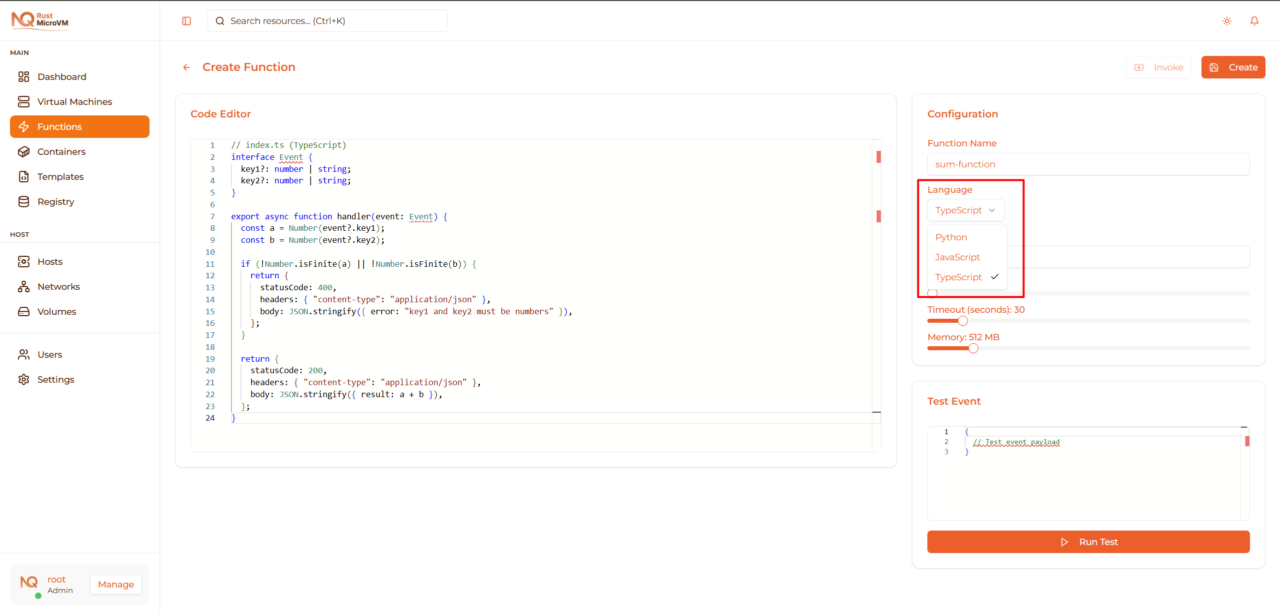 Image: Runtime dropdown selection