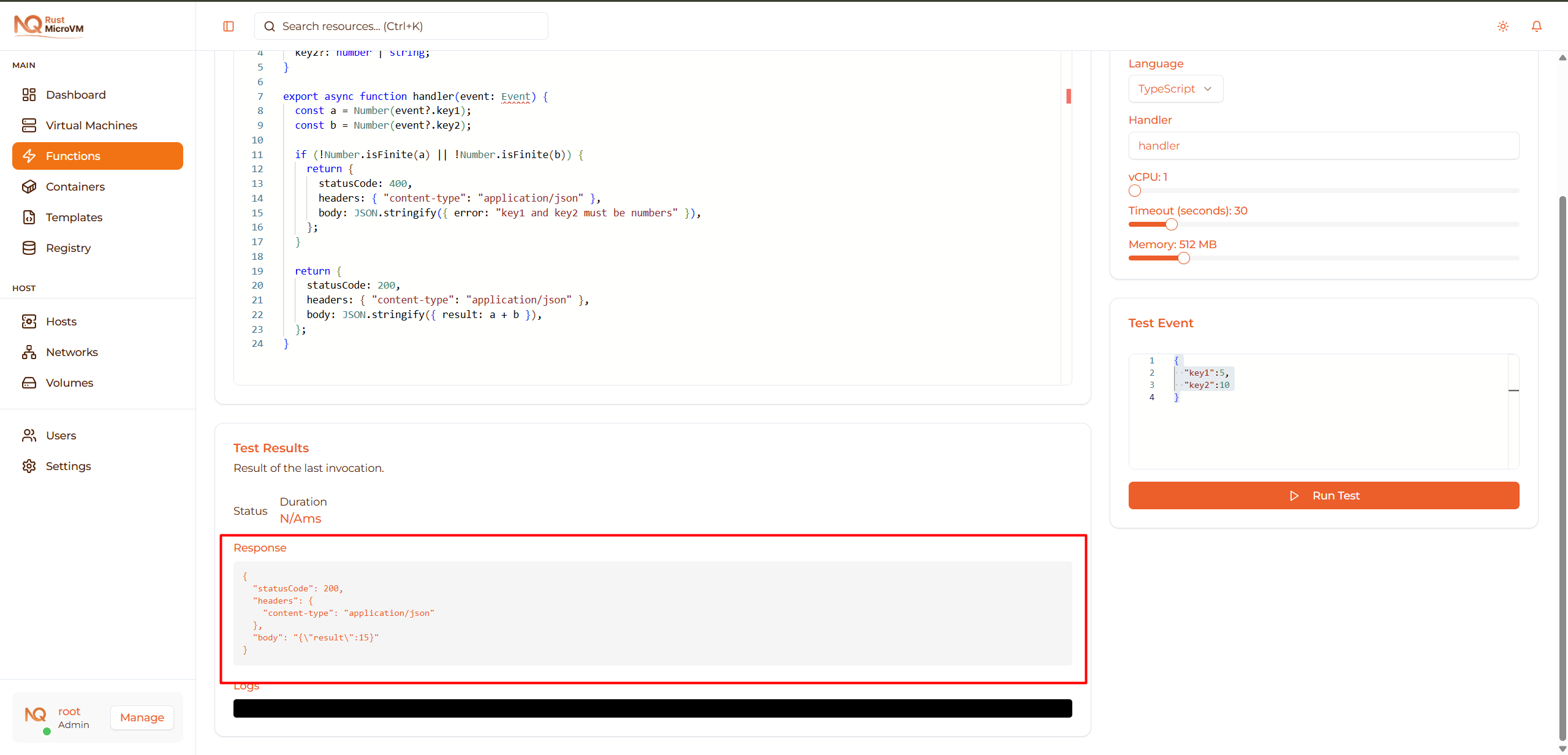 Image: Test output showing response