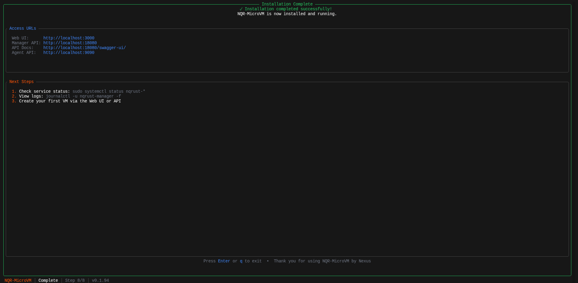Installation complete screen
