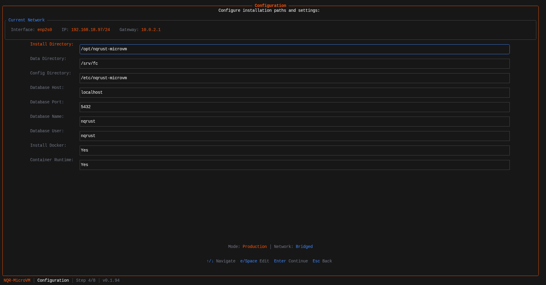 Configuration screen