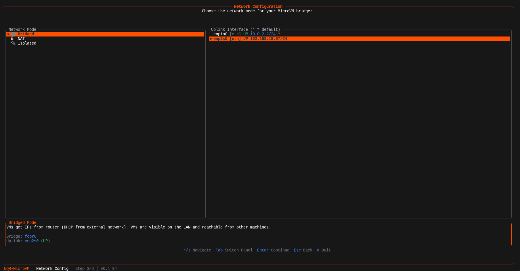 Network configuration screen