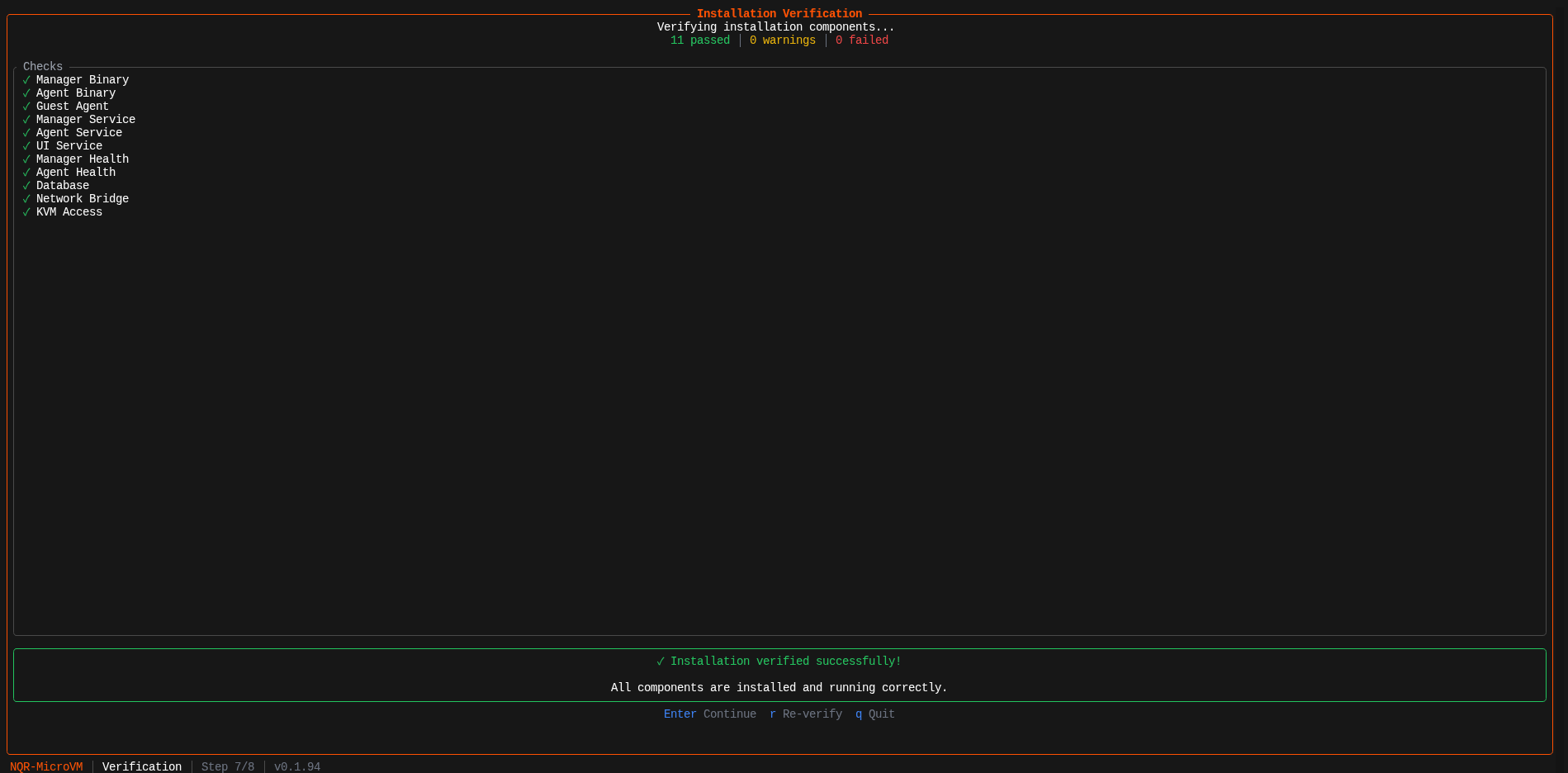 Installation verification screen