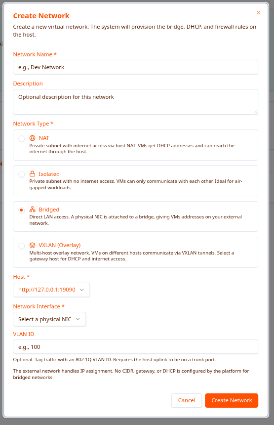 Create Network — Bridged type selected