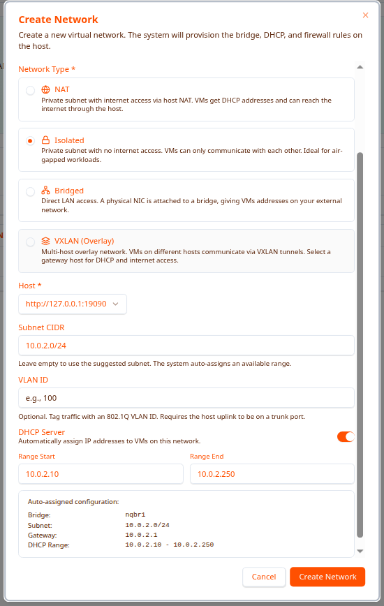 Create Network — DHCP config preview