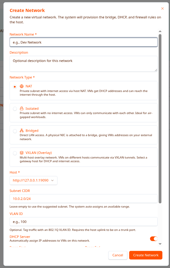 Create Network — NAT type selected