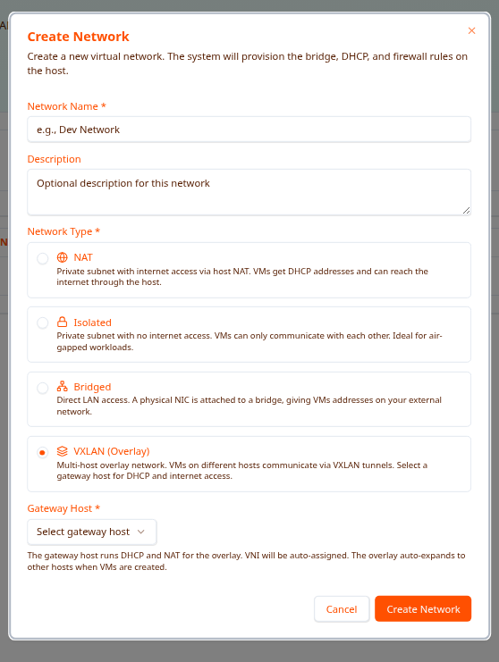 Create Network — VXLAN type selected
