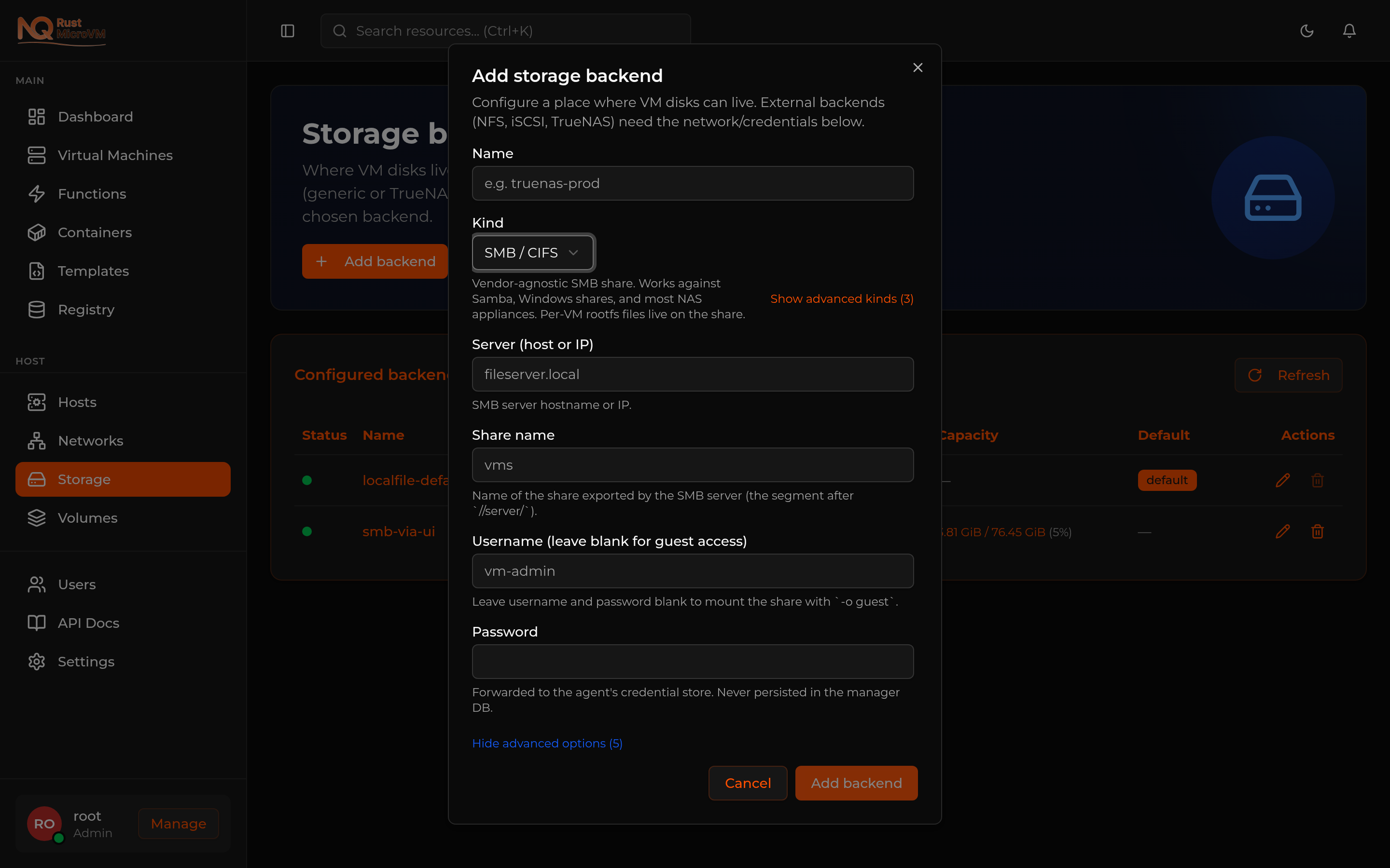 Add backend dialog showing SMB form fields