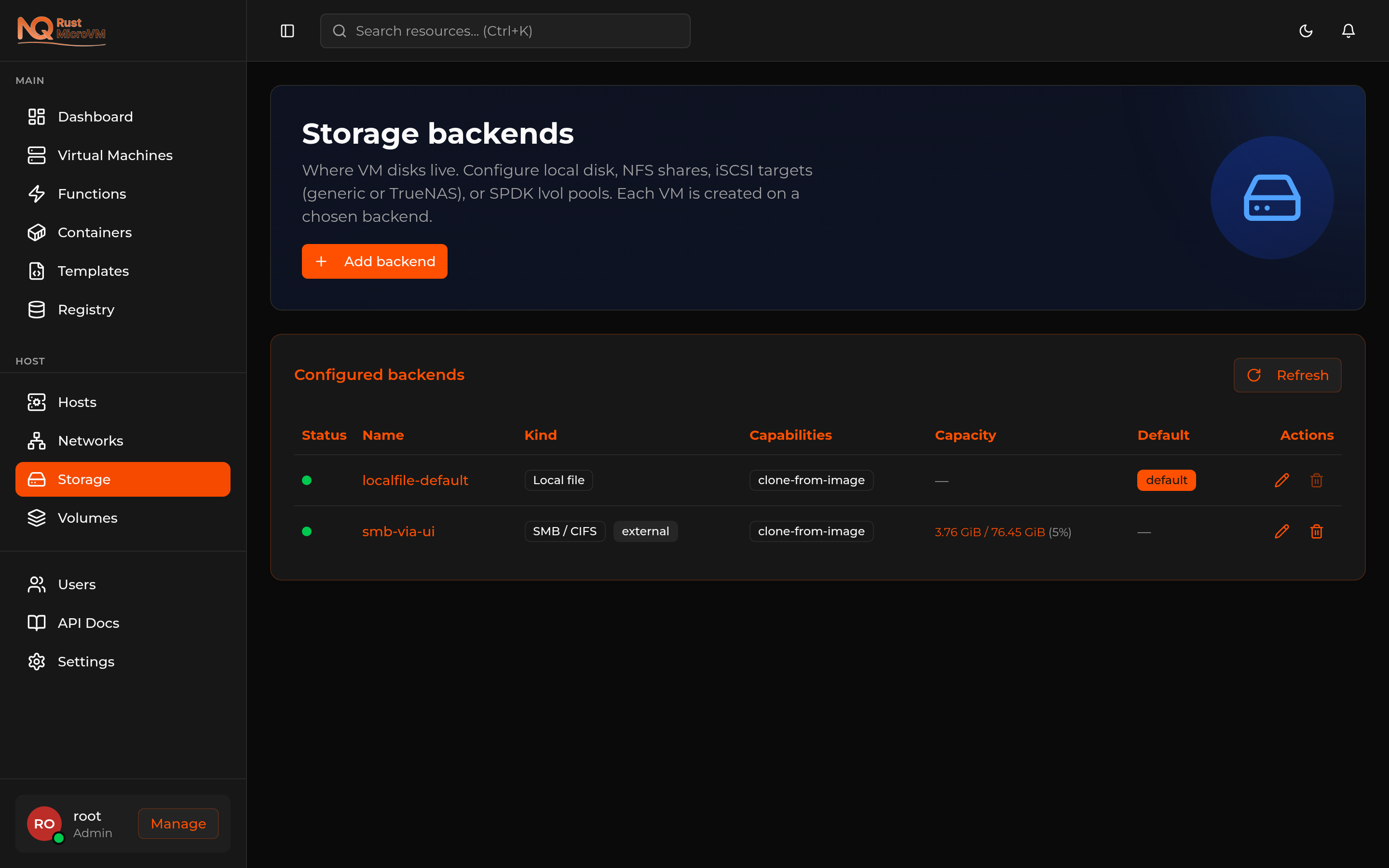 Storage backends table with default local_file and an SMB backend