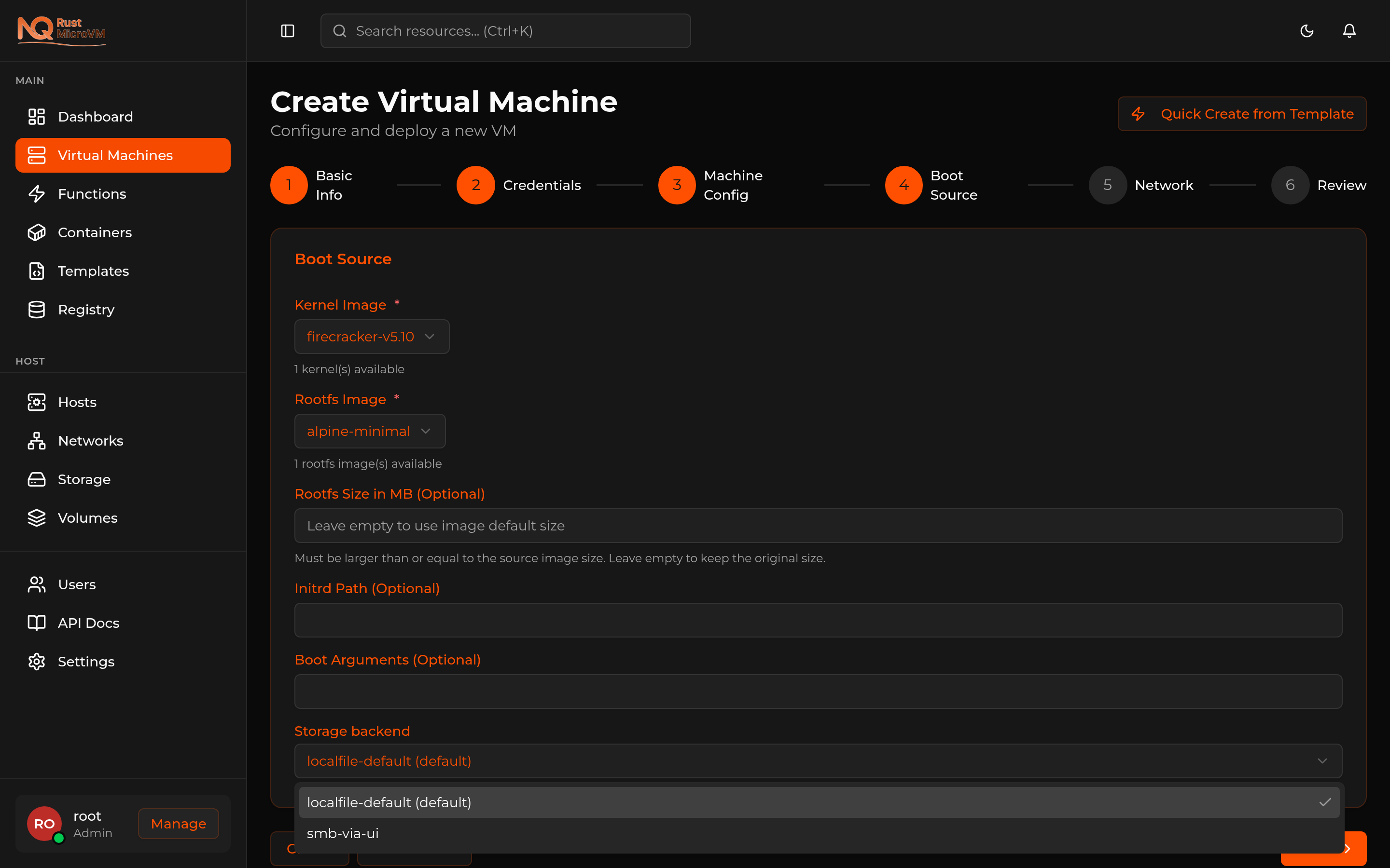 Storage backend dropdown open showing localfile-default + smb-via-ui