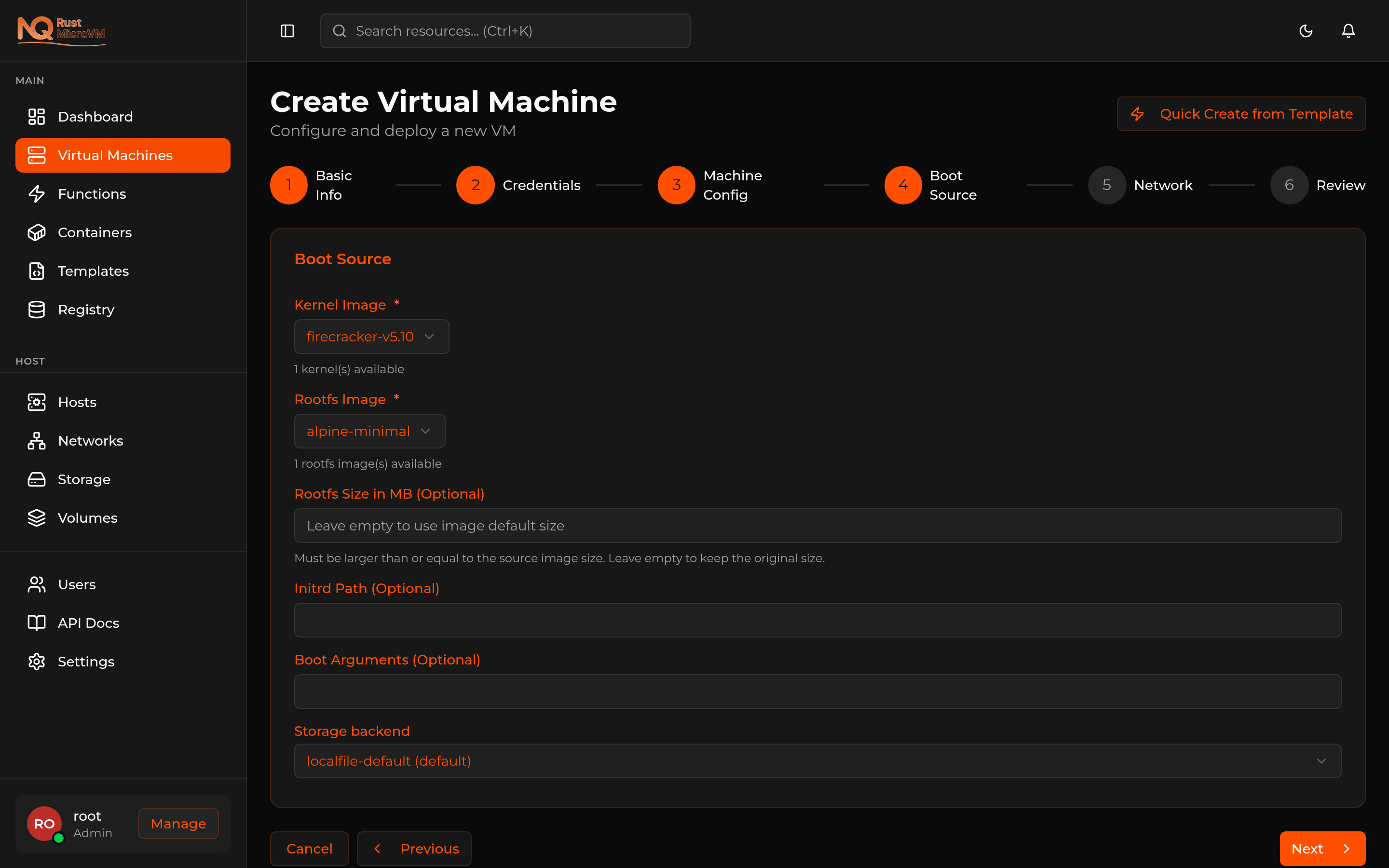 VM Create wizard step 4 — Boot Source with storage backend dropdown