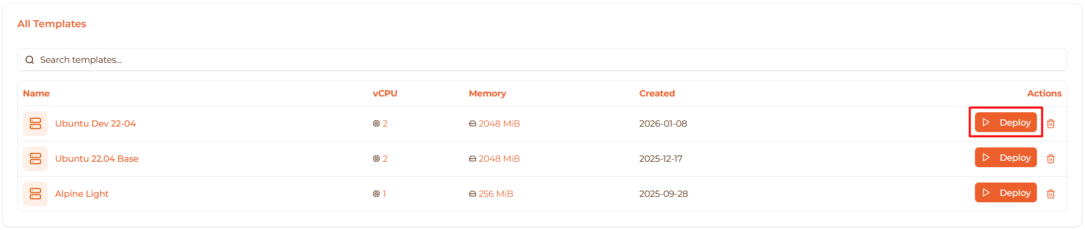 Image: Template card with deploy button