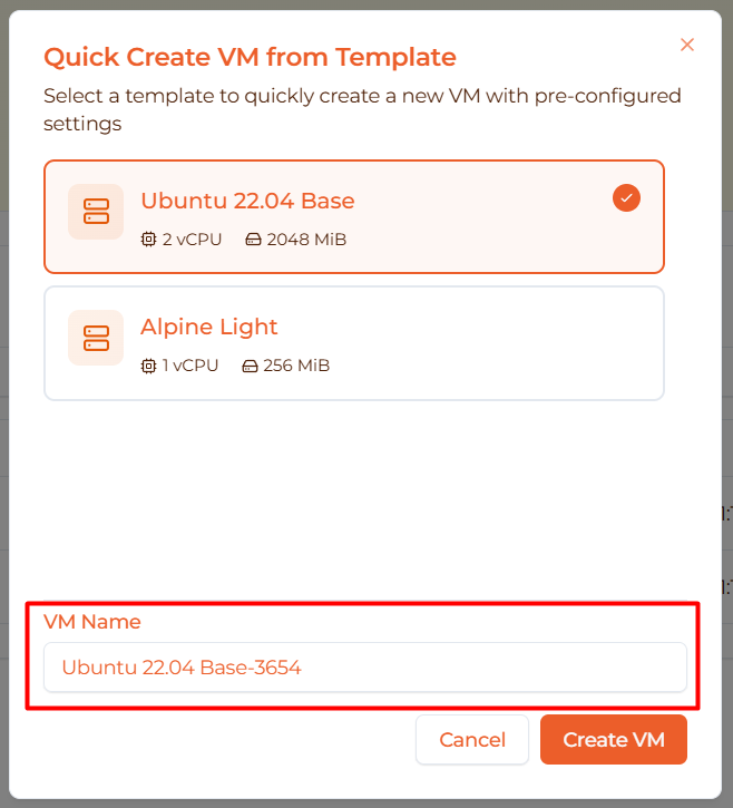 Image: Template selected with VM name