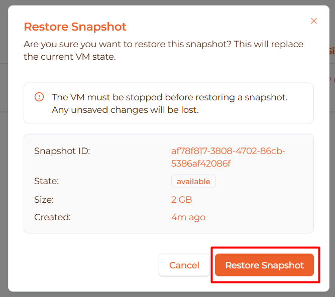 Restore confirmation dialog