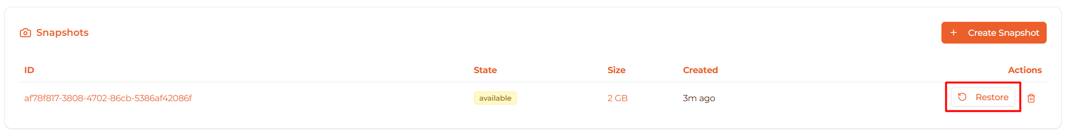 Restore button on snapshot entry