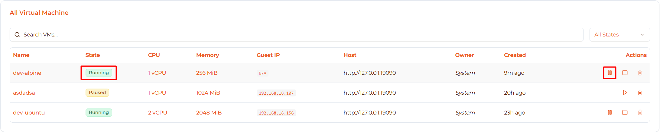Image: Pause button on running VM
