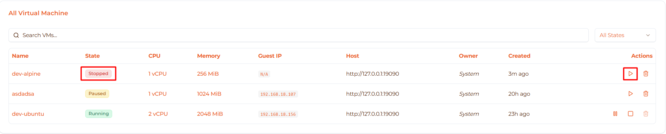 Image: Start button on VM list