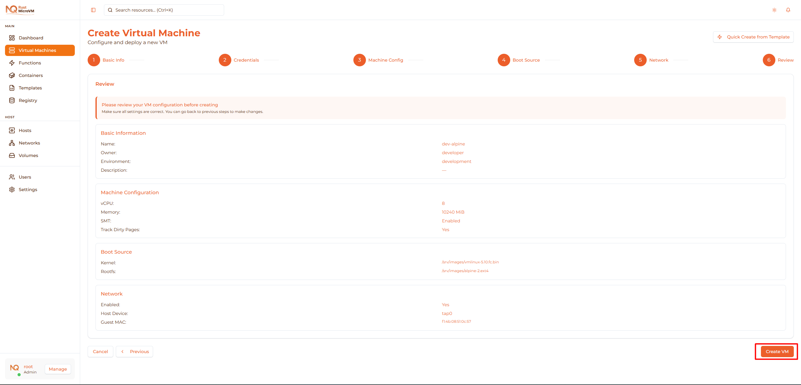 Image: Create VM button highlighted