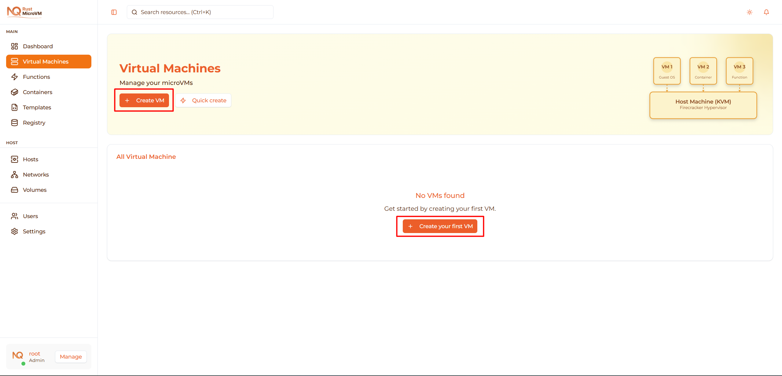 Image: Screenshot highlighting Create VM button