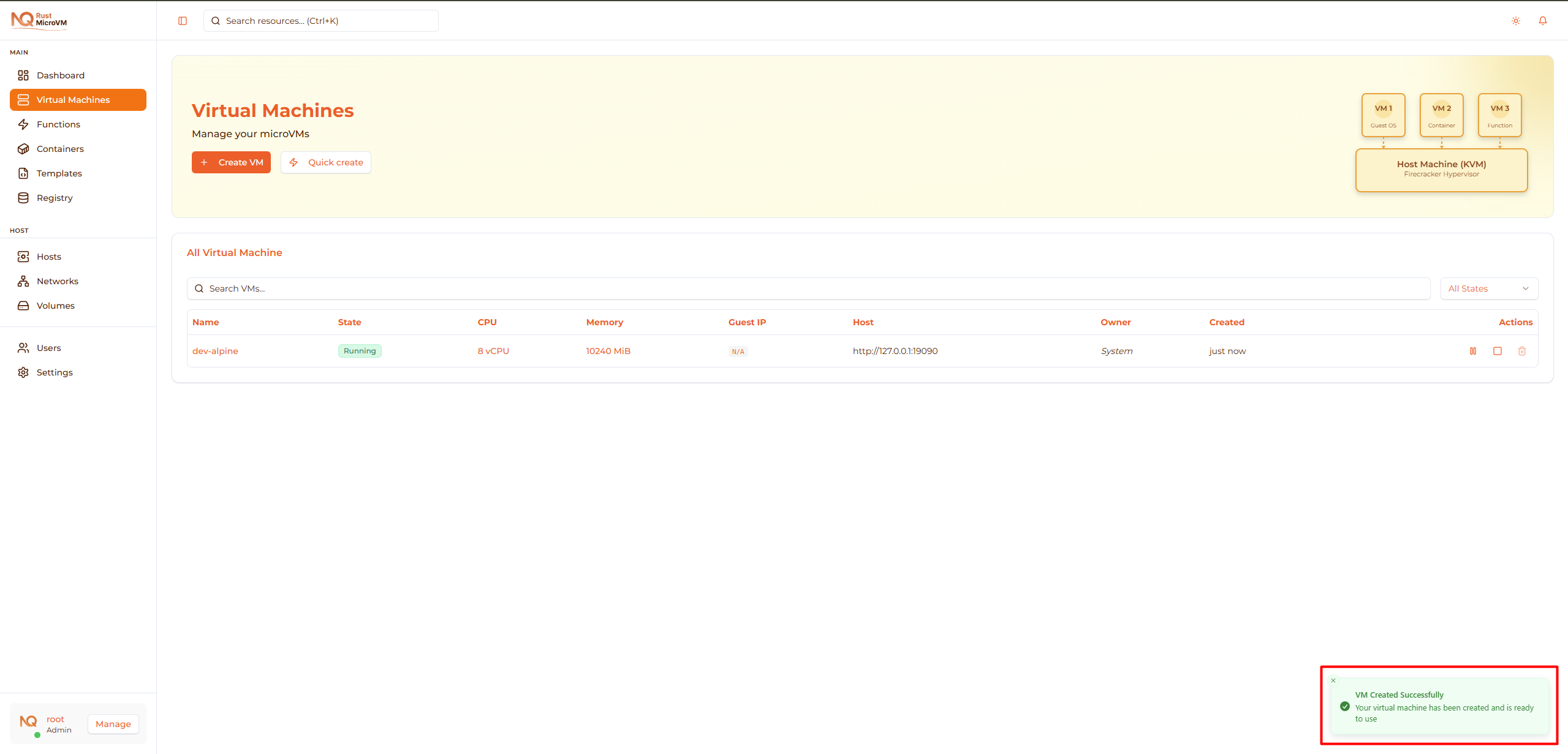 Image: Success notification and VM detail page