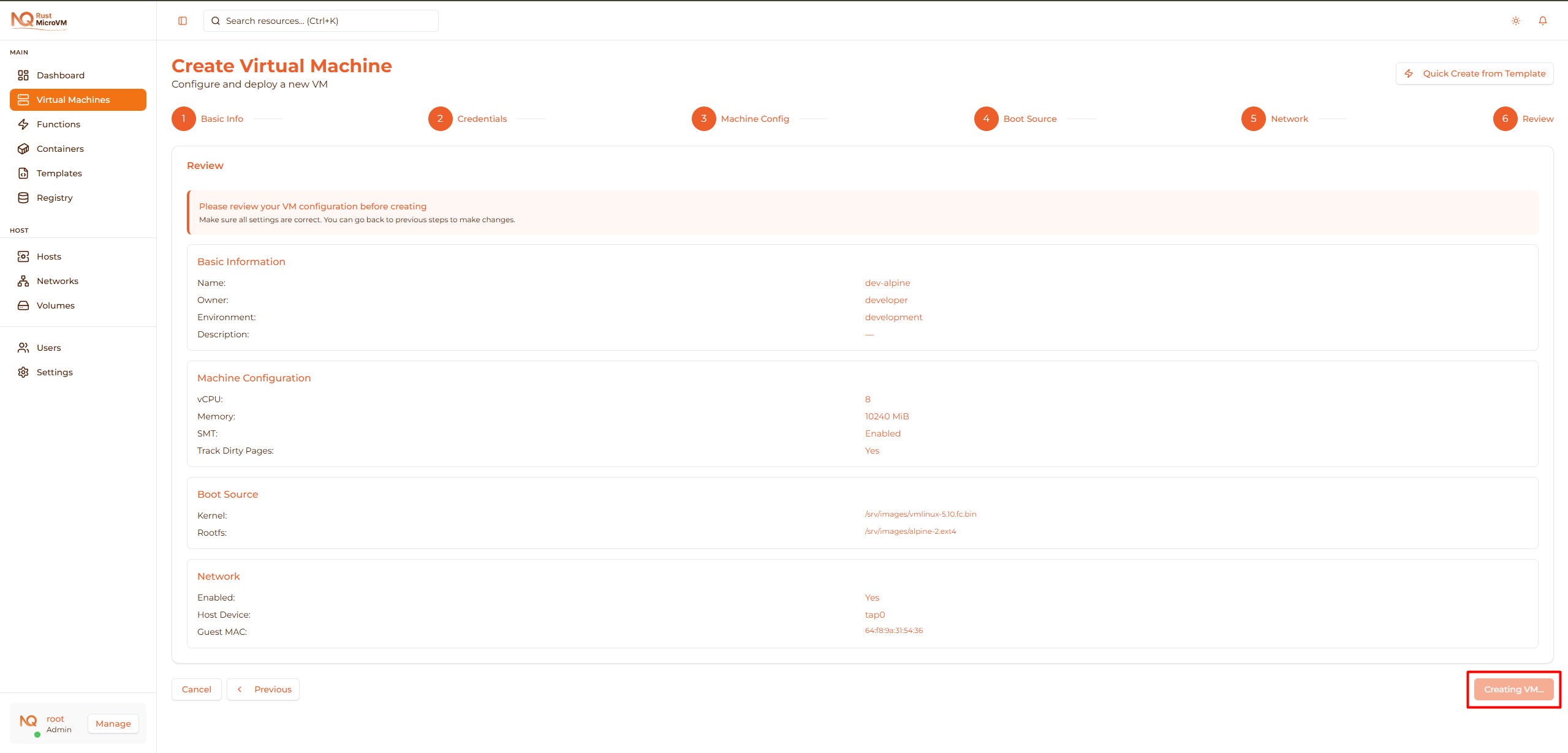 Image: Loading spinner with Creating VM message