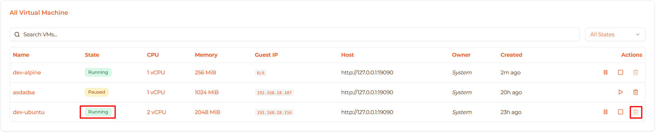 Image: Delete button disabled on running VM