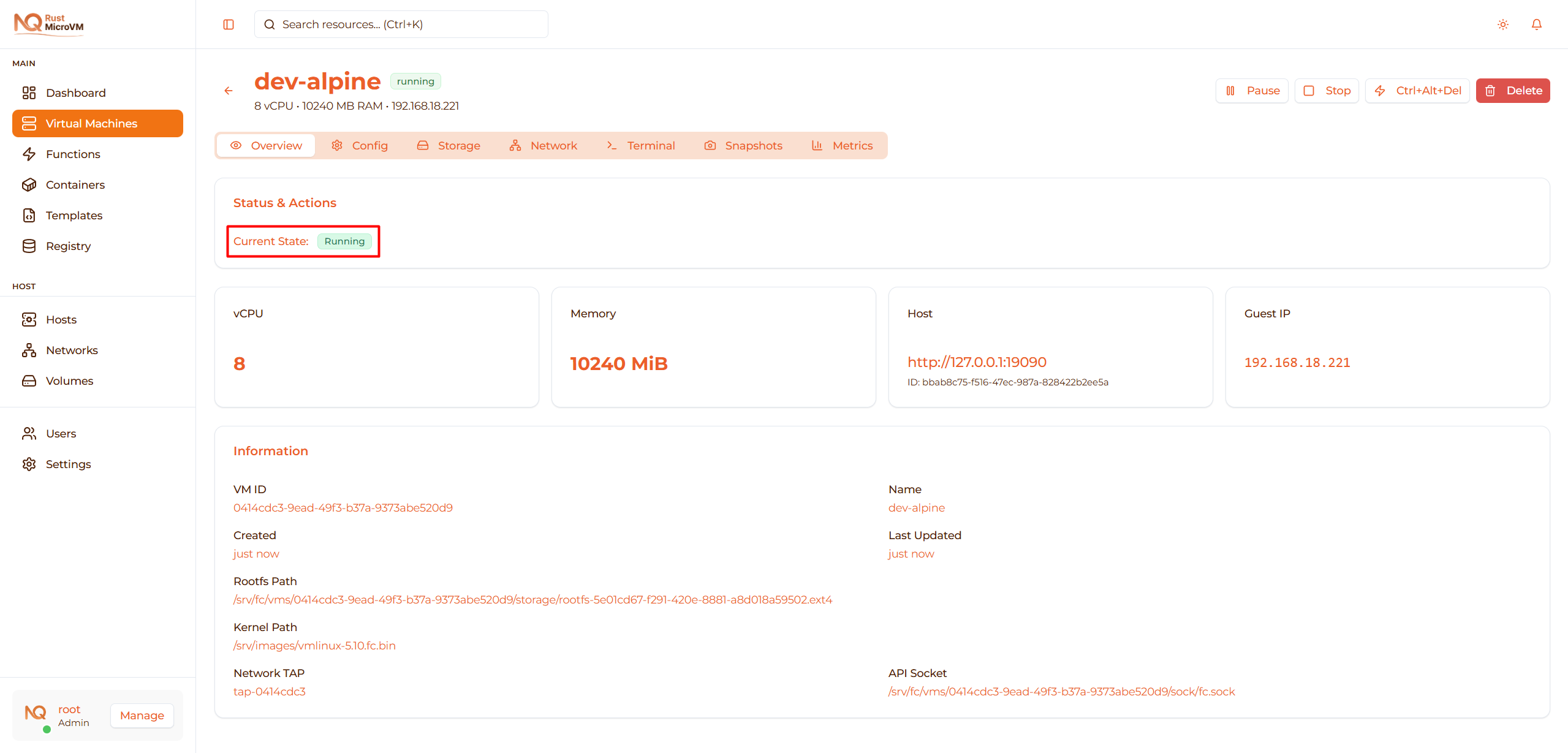 Image: VM detail page showing running state