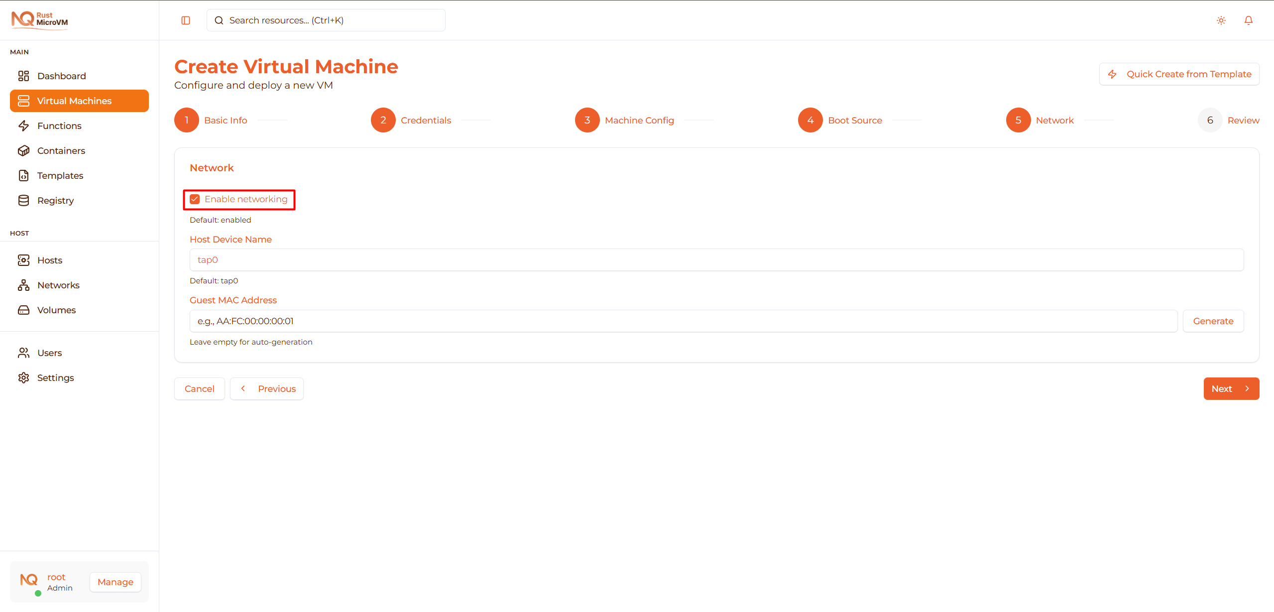 Image: Enable networking checkbox