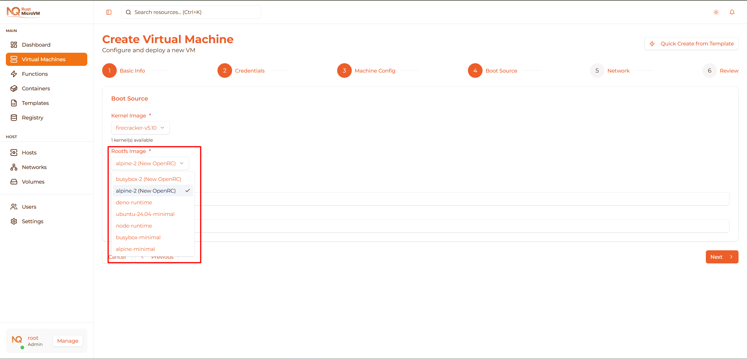 Image: Dropdown showing available rootfs images