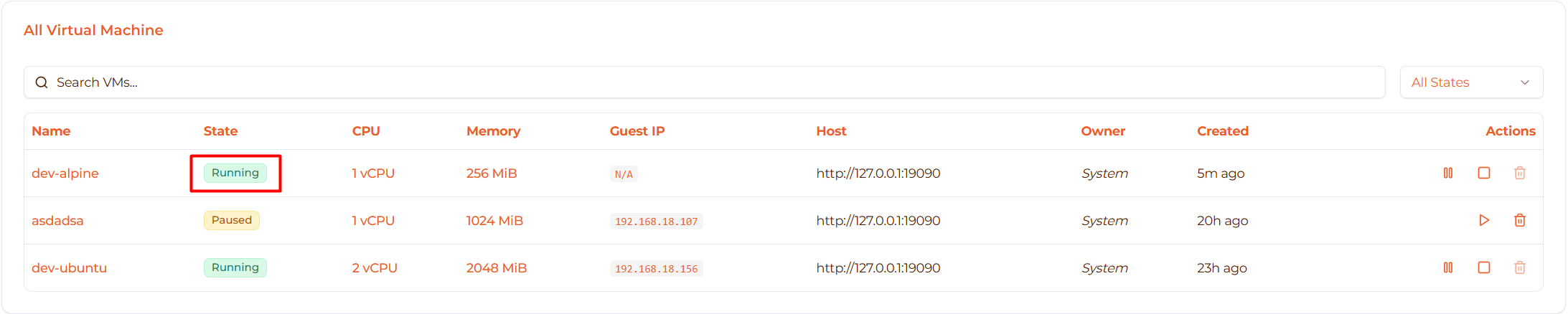 Image: VM showing Running status