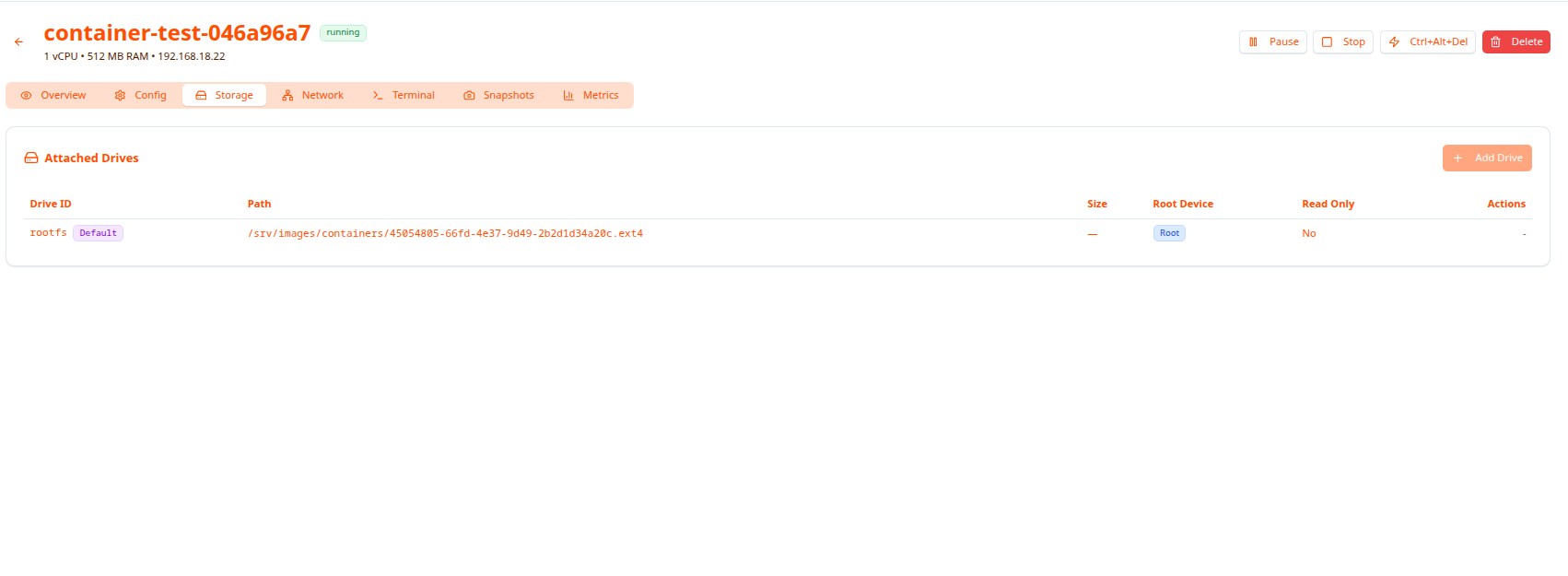 VM Storage tab showing attached drives